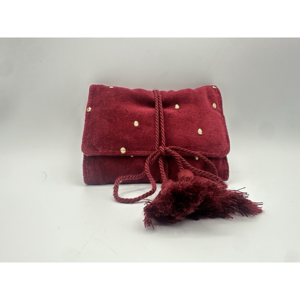 Sézane Trifold Wallet Velvet Maroon Burgundy Gold Dotted Tassel Tie String Women